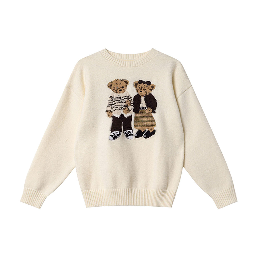 Cartoon bear jacquard embroidery crew neck sweater women's autumn and winter new cute age-reducing loose pullover knitted top