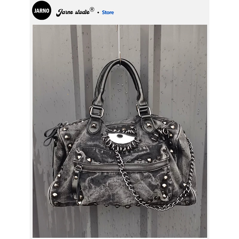 2025 New Summer Black Punk American Babes Cool Sassy Drag Sister Denim Bag Bag Women's Handbag Crossbody Bag Big