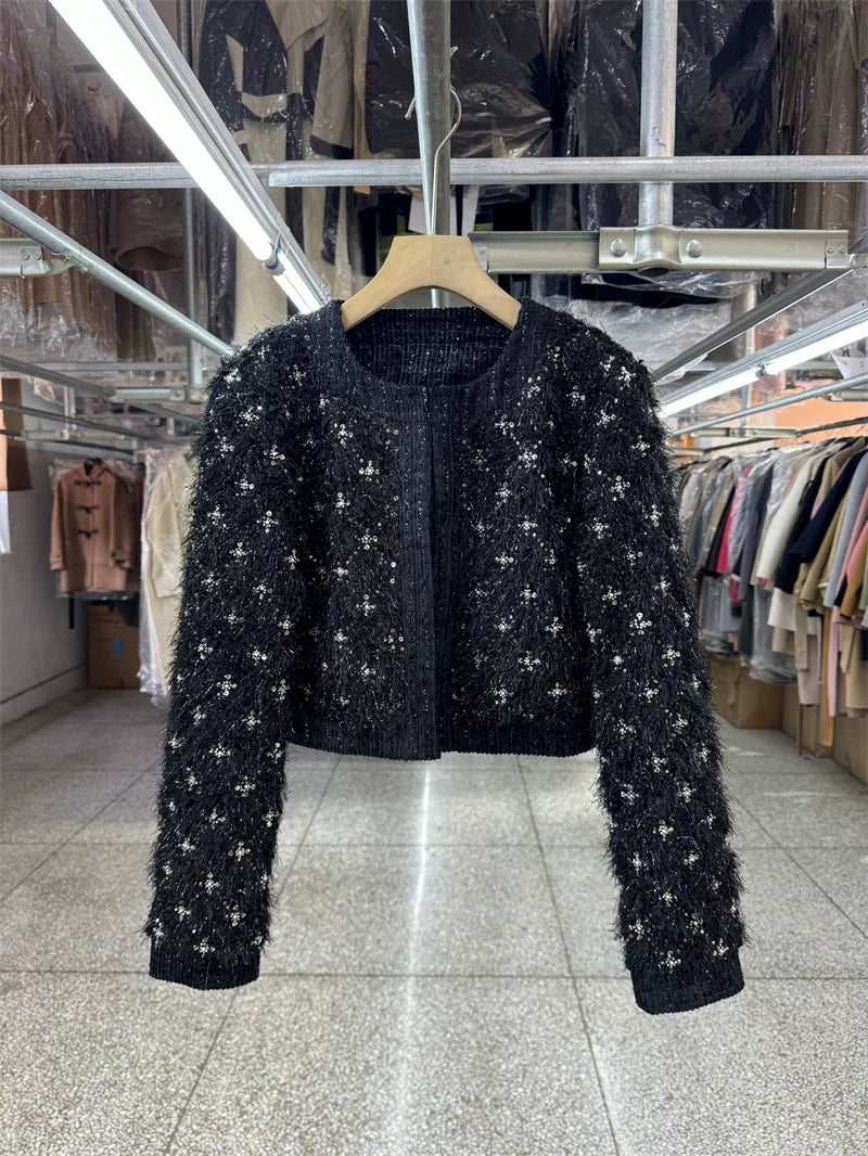 Unique small fragrance short jacket top, 25 years spring, new round neck, French temperament, heavy work nail beads, high-end feeling