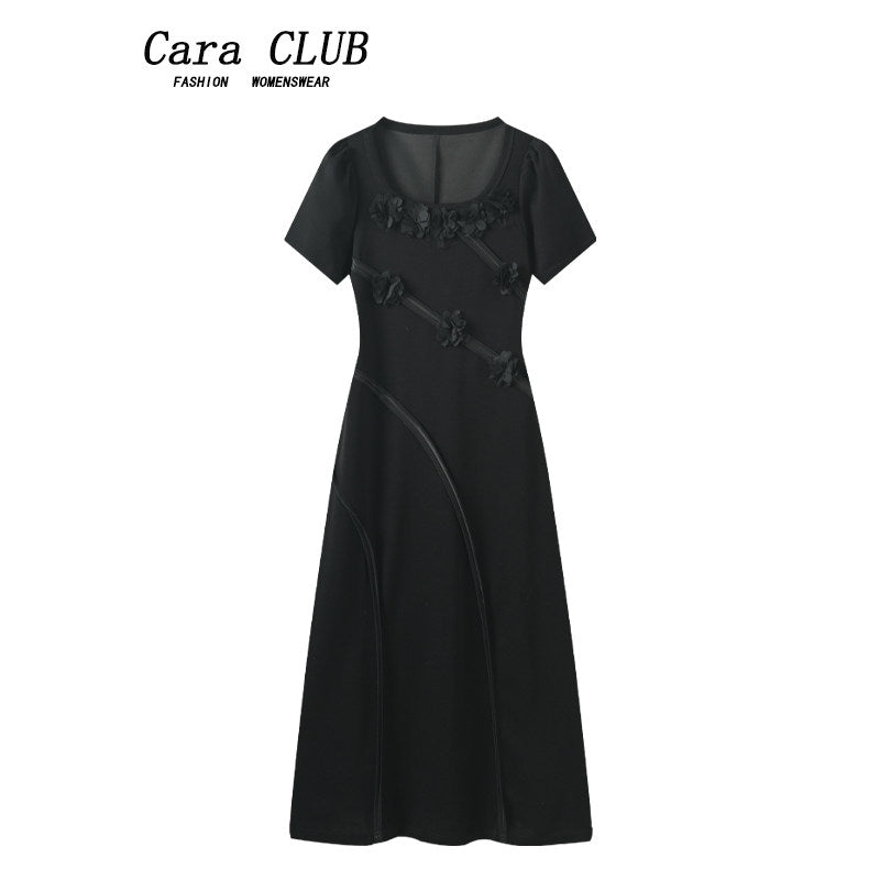 Cara CLUB large size square neck straight shoulder short sleeve dress women's summer fat sister pear shape fashion skirt