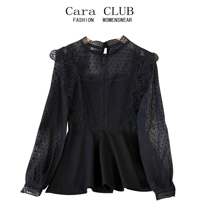 Cara CLUB plus-size polka dot lace chiffon shirt women's early autumn fashion foreign style slimming celebrity vintage top