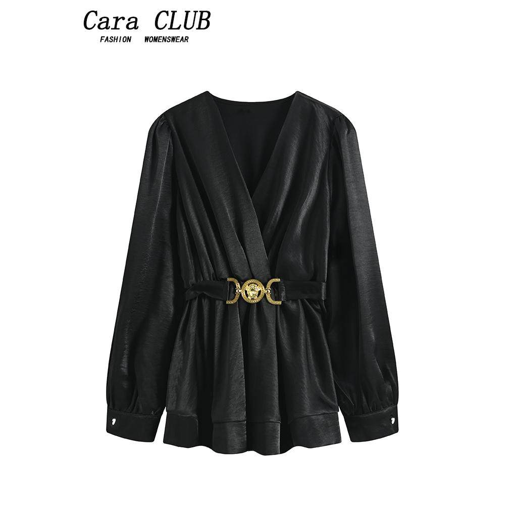 Cara CLUB large-size design shirt women's autumn fat sister French temperament age-reducing slimming long-sleeved top
