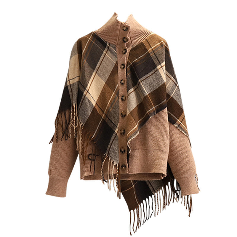 Cara CLUB plus size fake two-piece plaid tassel shawl women's early autumn fashion slimming temperament knitted jacket