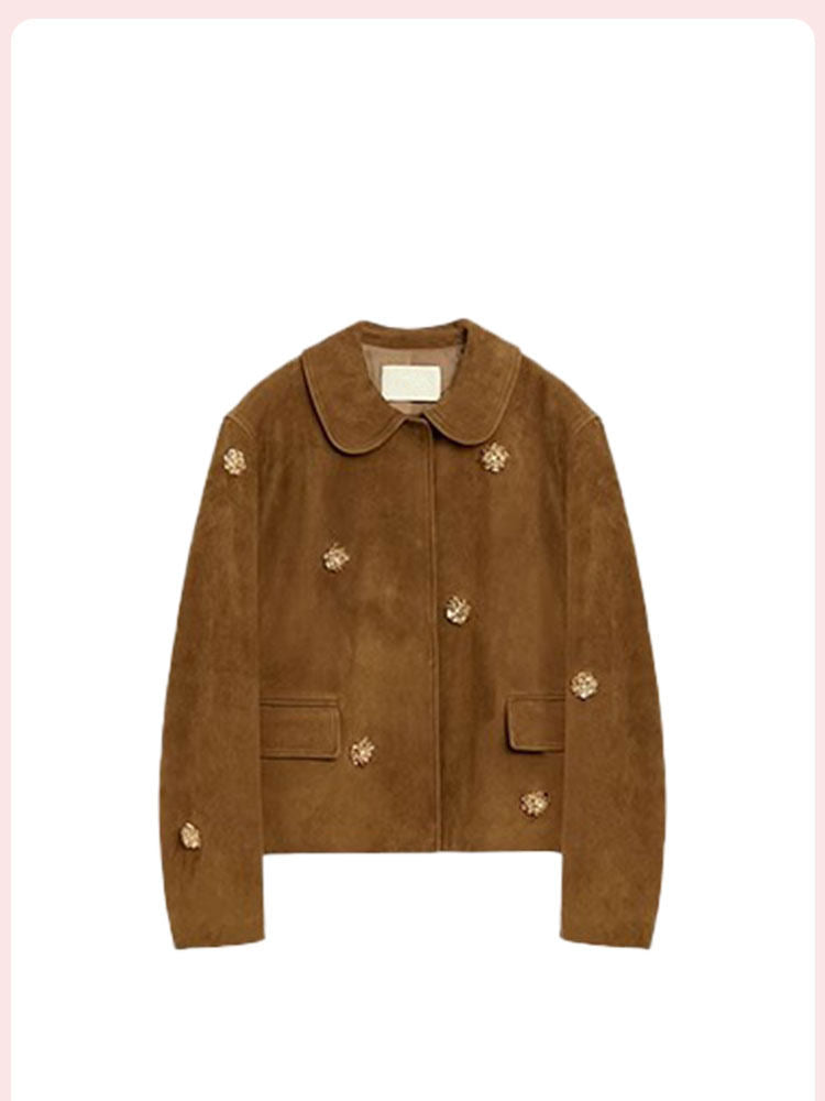 NUTO niche high-end nail bead suede cropped leather jacket 2025 new jacket for women, new spring 2025 model