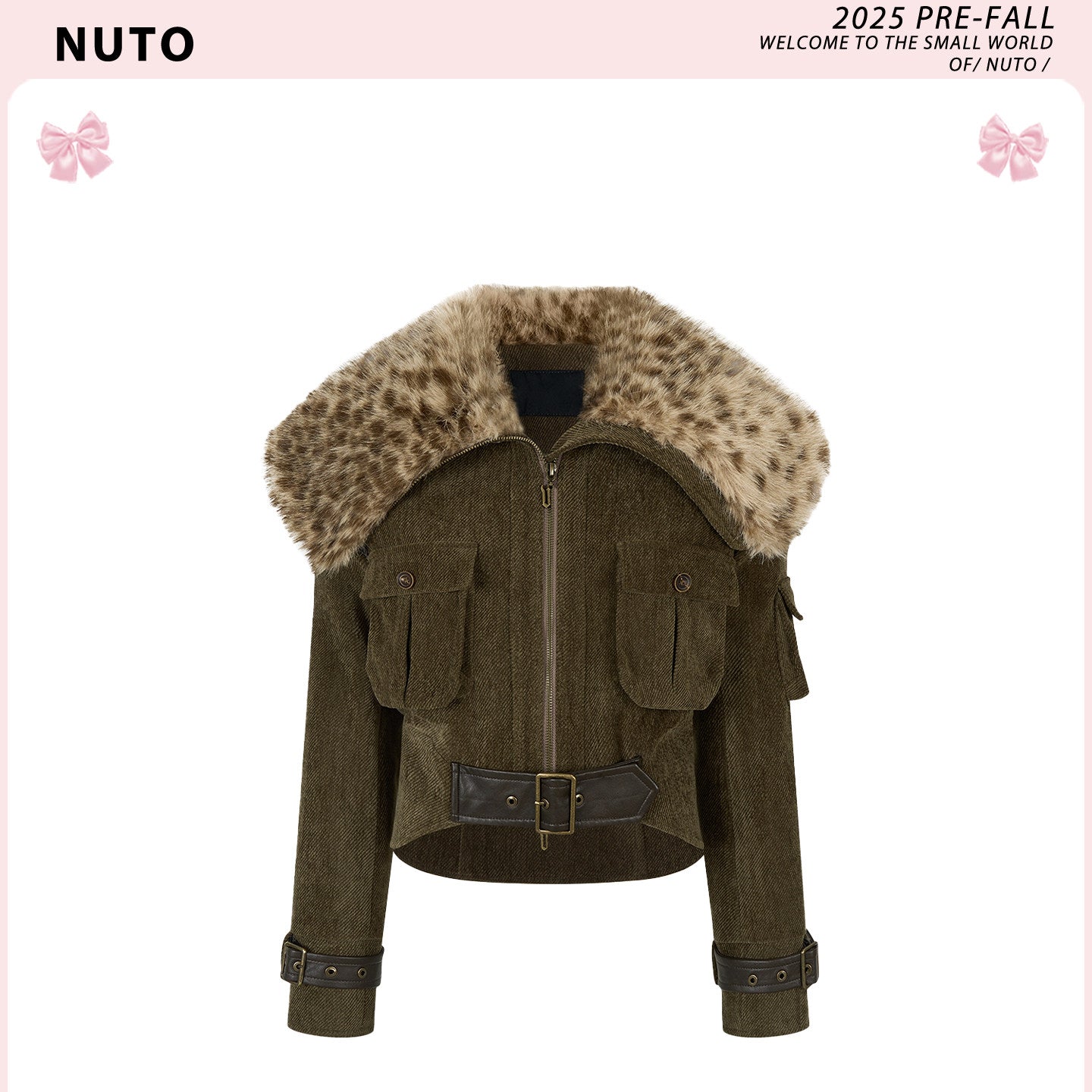 NUTO design sense heavy industry leopard print large fur collar waist thickened jacket women's autumn and winter temperament short top