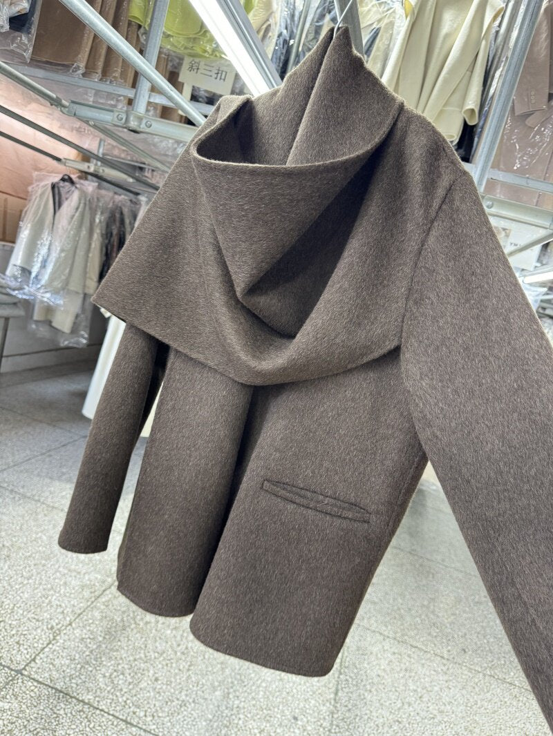 Coffee-colored yak fleece scarf, shawl, reversible wool coat, women's short 25, new loose high-end woolen jacket