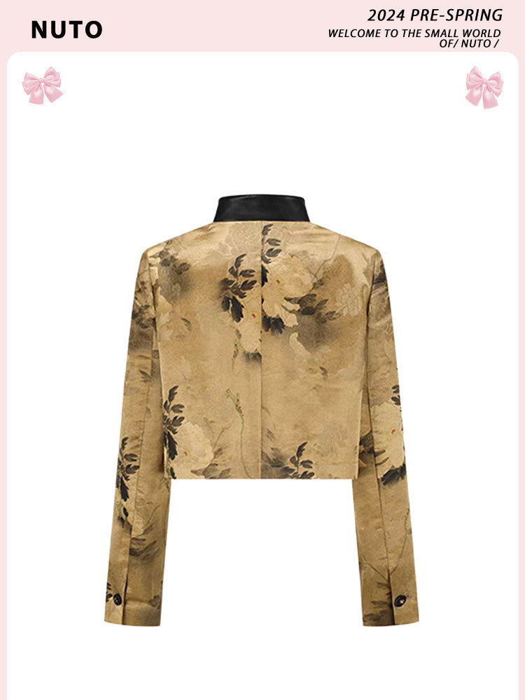 NUTO [spot] Ruth same new Chinese style good luck golden stamens peony print diagonal placket short blazer
