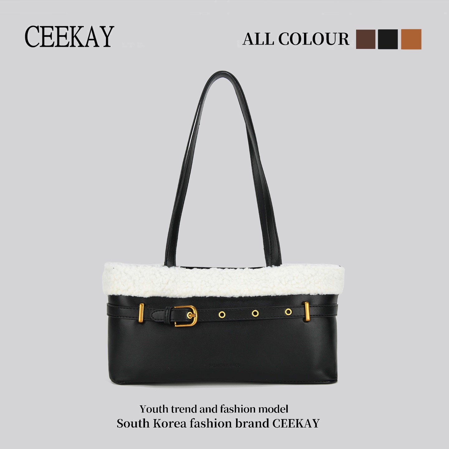 CEEKAY genuine Korean plush patchwork tote bag women's autumn and winter high-end niche design one-shoulder handbag