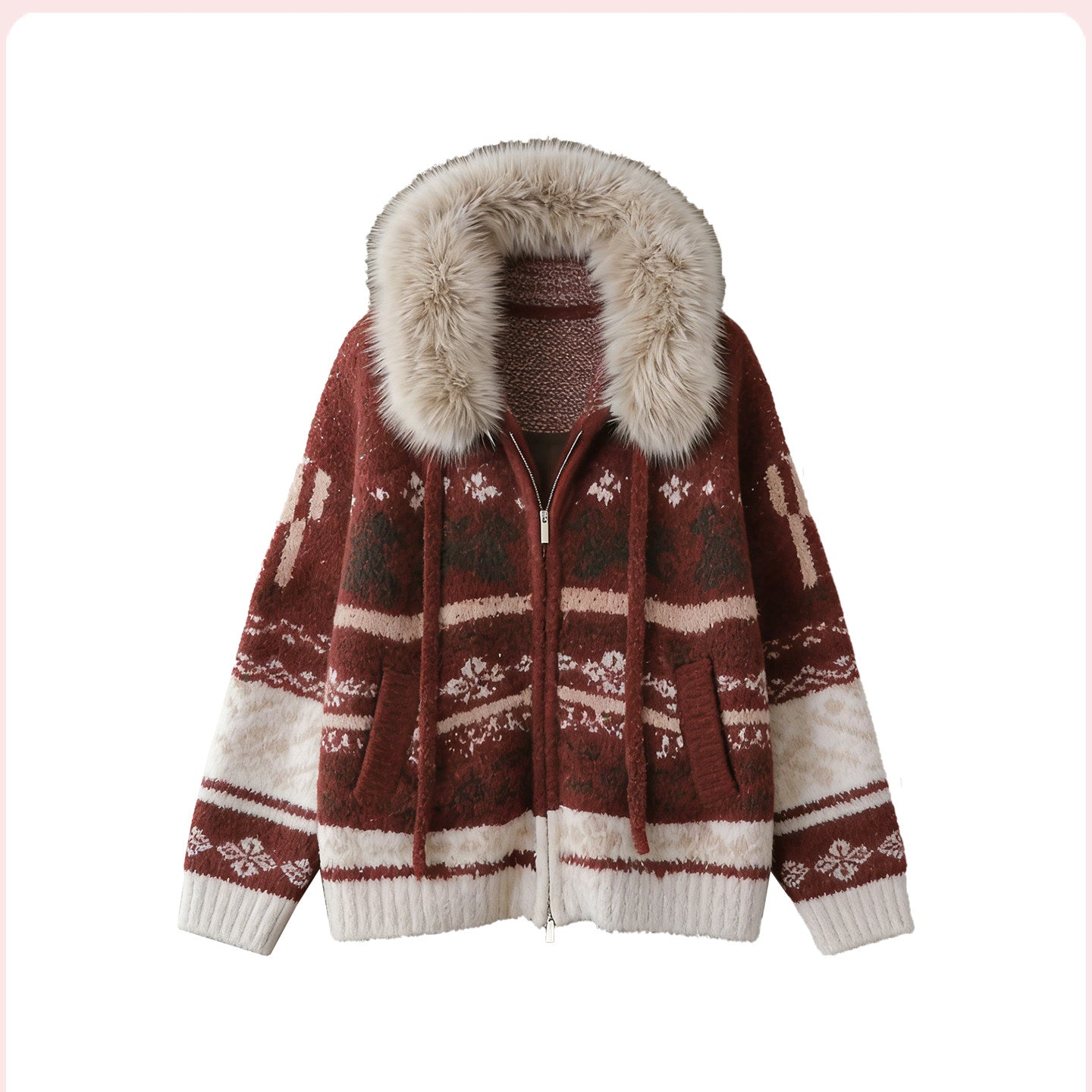 NUTO Capture Christmas Detachable Fur Collar Fair Island Sweater Knitted Cardigan Women's Winter Lazy Hooded Coat