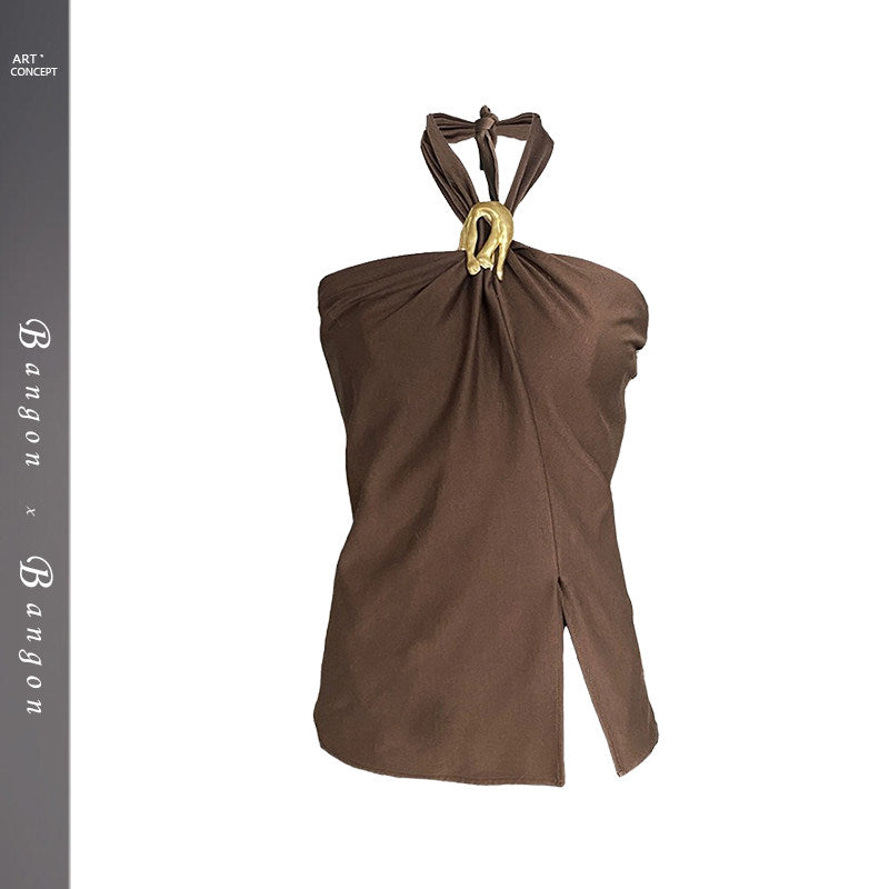 BANGON hot girl halterneck suit skirt niche design sense 2025 summer new royal sister slimming two-piece set