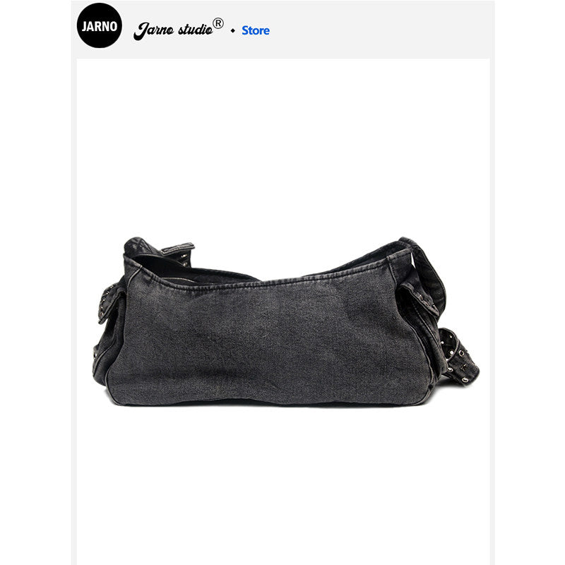 2025 American Retro Spice Girl Multi-pocket Washed Denim Bag Wide Shoulder Strap Armpit Bag Women's Single Shoulder Crossbody Bag Large