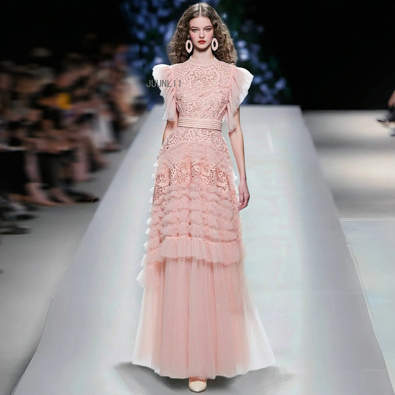 2025 new niche design, round neck, hollow embroidery, waist, large swing, lotus leaf, short-sleeved dress, dress, long skirt for women