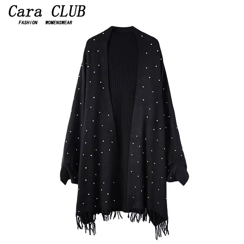 Cara CLUB plus size knit jacket women's autumn fat mm heavy industry design fringed long sleeve cape shawl jacket
