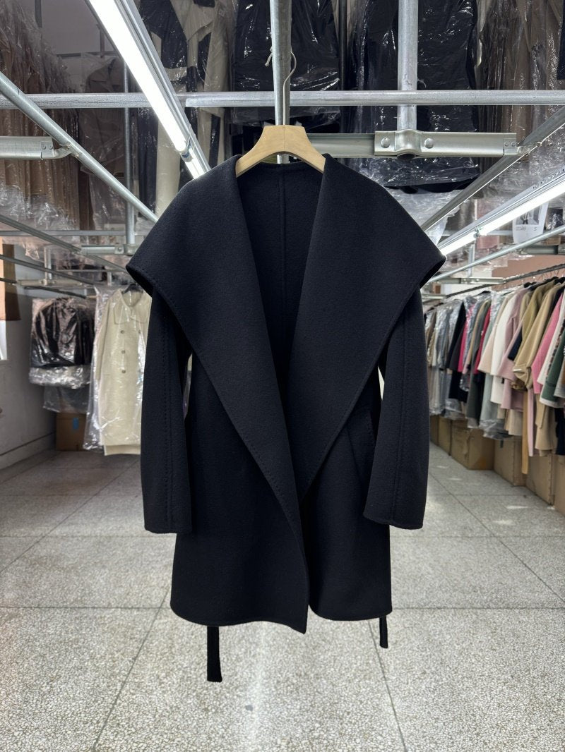 Large lapel reversible wool coat women's short 25 years new loose lapel fashion lace-up topstitch woolen jacket