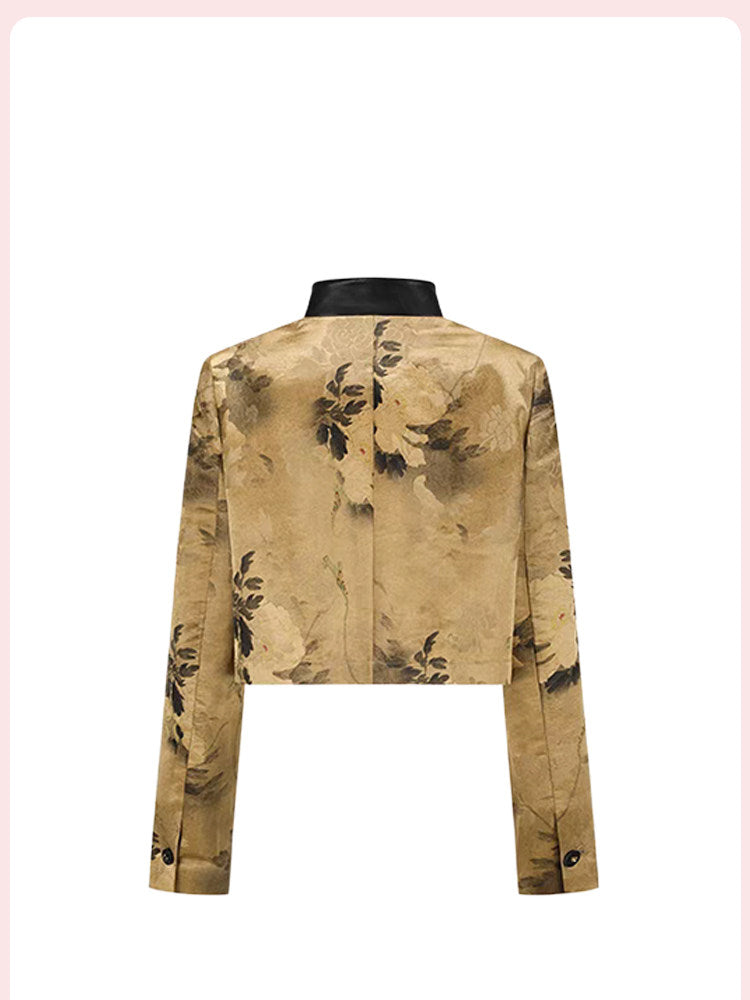 NUTO [spot] Ruth same new Chinese style good luck golden stamens peony print diagonal placket short blazer