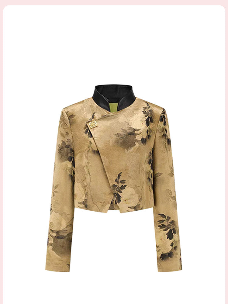 NUTO [spot] Ruth same new Chinese style good luck golden stamens peony print diagonal placket short blazer