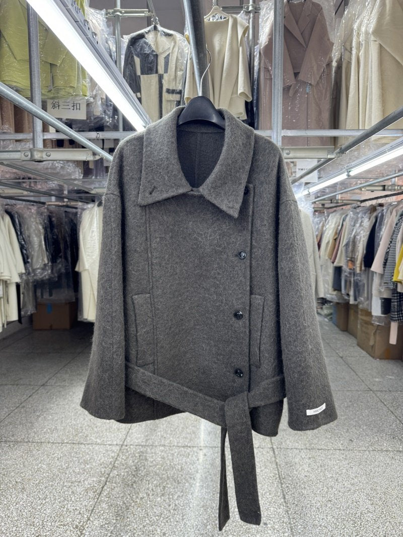 Su Li long wool reversible sheep wool coat women's short 25 autumn new loose stand-up collar vintage lace-up woolen jacket