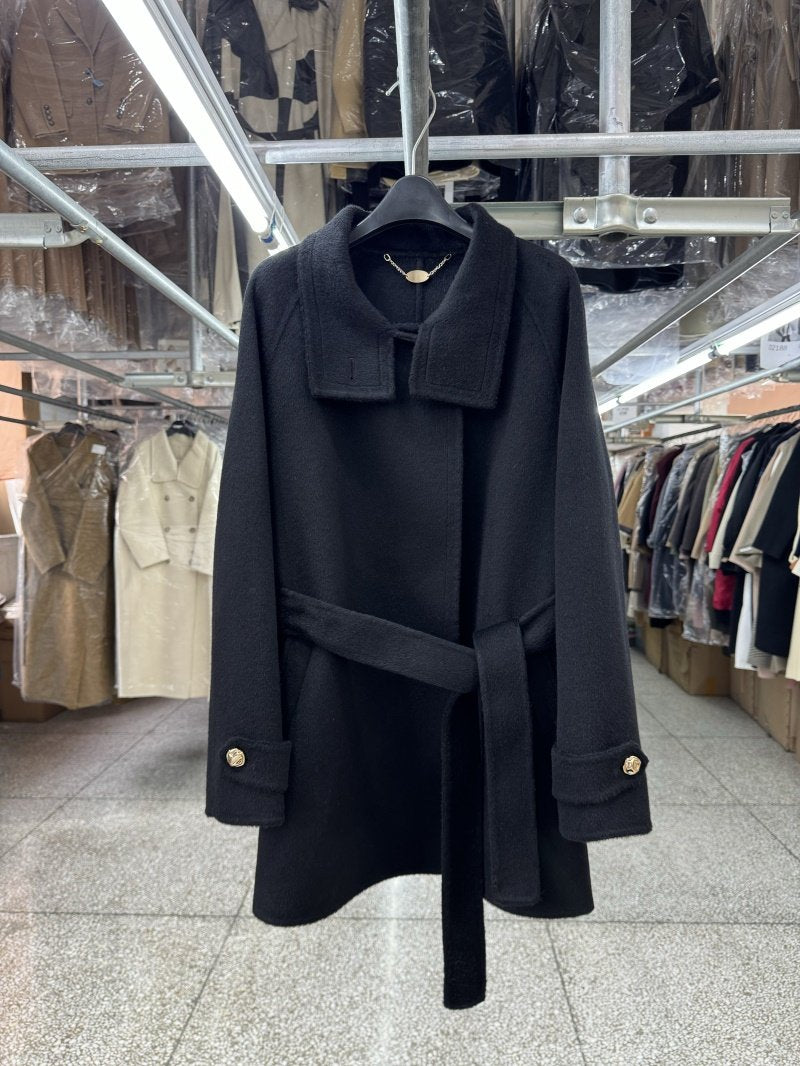 Cigarette neck reversible wool coat women's cropped petite fall and winter new loose lace-up A-shaped woolen jacket