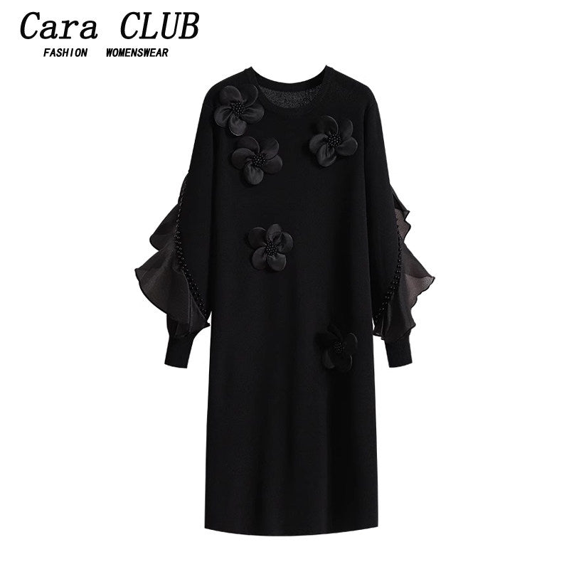 Cara CLUB plus-size Hepburn-style knitted dress women's 2025 autumn new fat sister French bellflower skirt