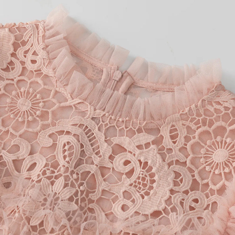 2025 new niche design, round neck, hollow embroidery, waist, large swing, lotus leaf, short-sleeved dress, dress, long skirt for women