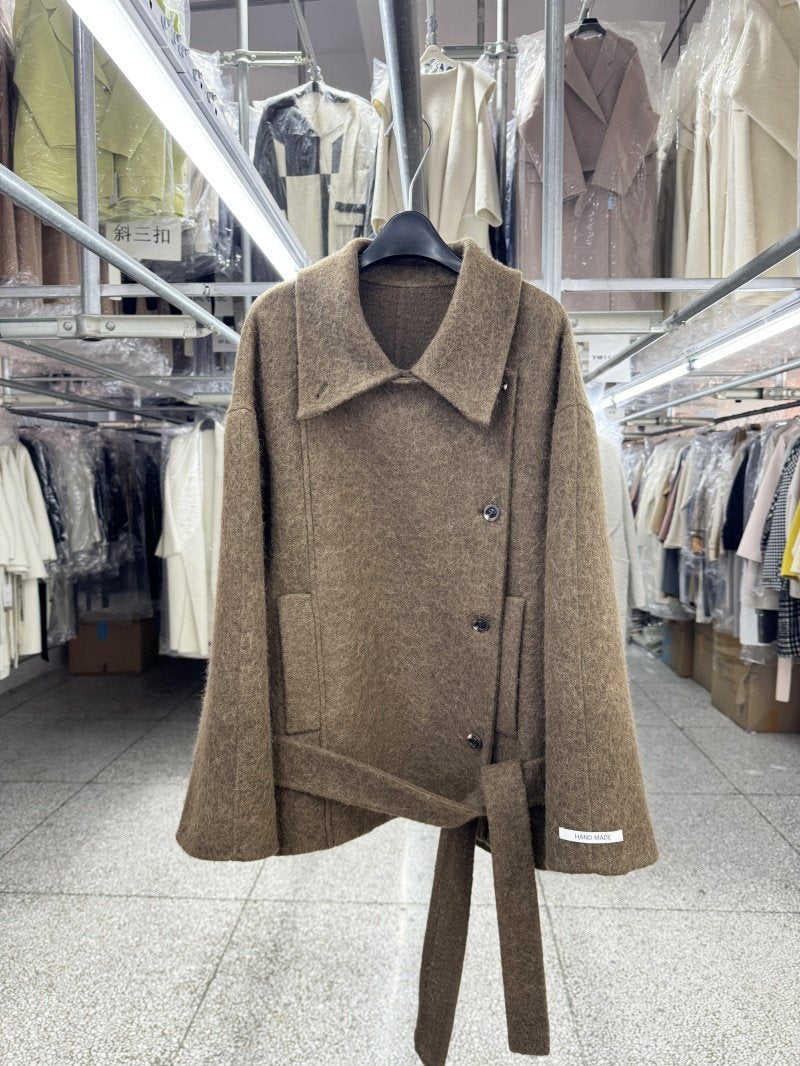 Su Li long wool reversible sheep wool coat women's short 25 autumn new loose stand-up collar vintage lace-up woolen jacket