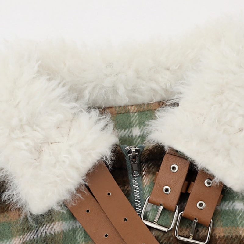 Womens American-Style Retro Color-Block Plaid Wool Coat With A Notch Lapel